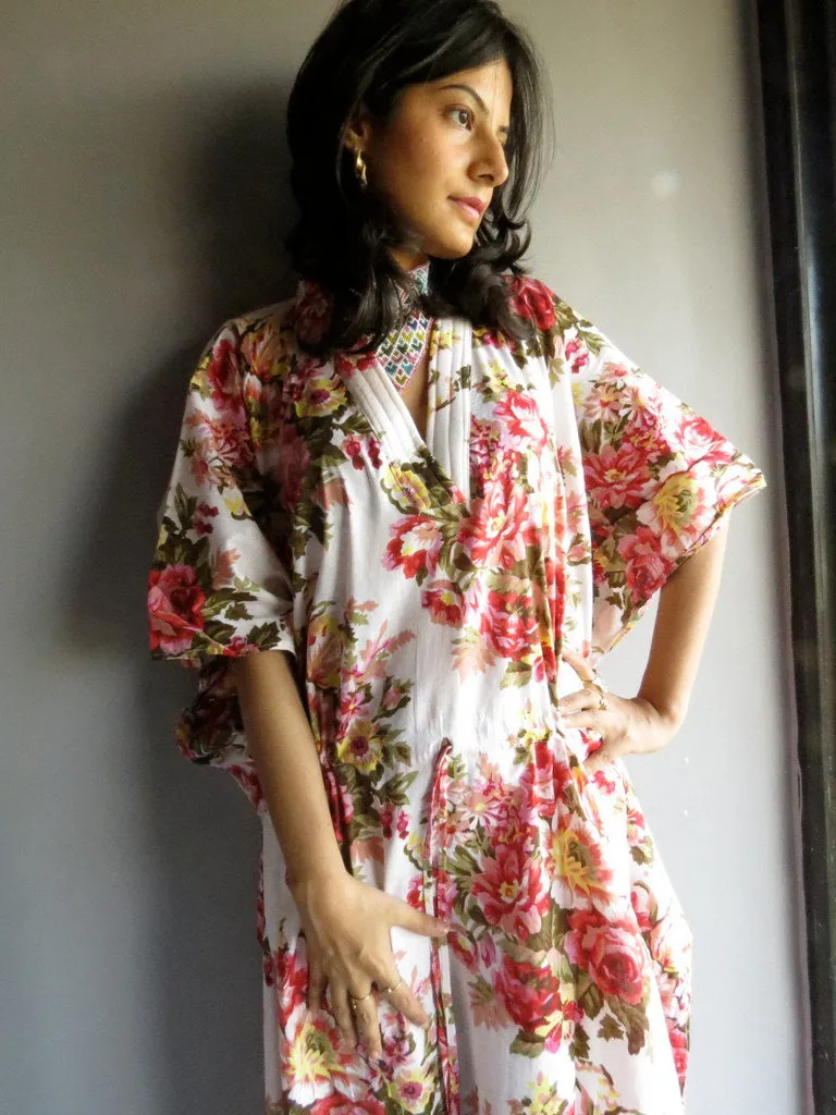 White Floral Rosy Red Posy V-Neck, Ankle Length, Cinched Waist Caftan