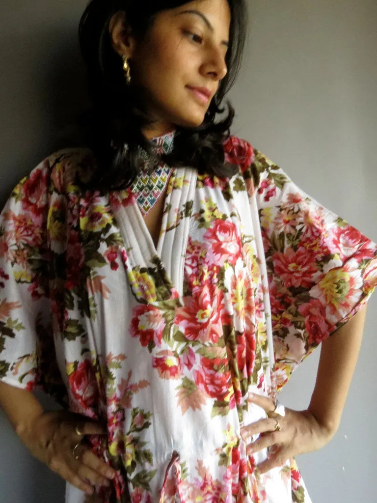 White Floral Rosy Red Posy V-Neck, Ankle Length, Cinched Waist Caftan