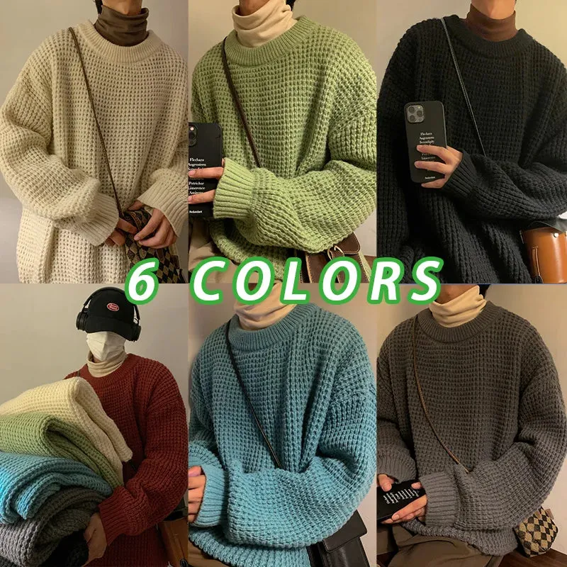 Wiaofellas  -  Sweaters Men Crewneck Pure Color Knitted Sweaters Autumn Winter Casual Pullover Streetwear Basic Color Sweater Jumper Male