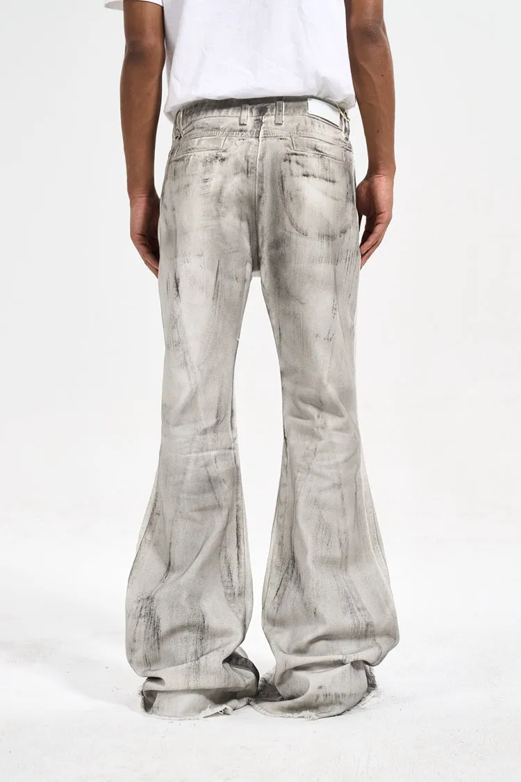 Wide-Fit Flared Raw Edge Graffiti Denim Jean Pants