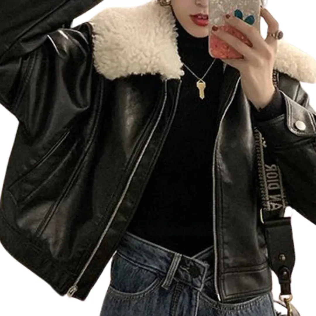 Winter Thick Faux Leather Short Jackets for Women Long Sleeve Fur Collar Bomber Ladies Jacket with Zipper abercombie style & Winterized