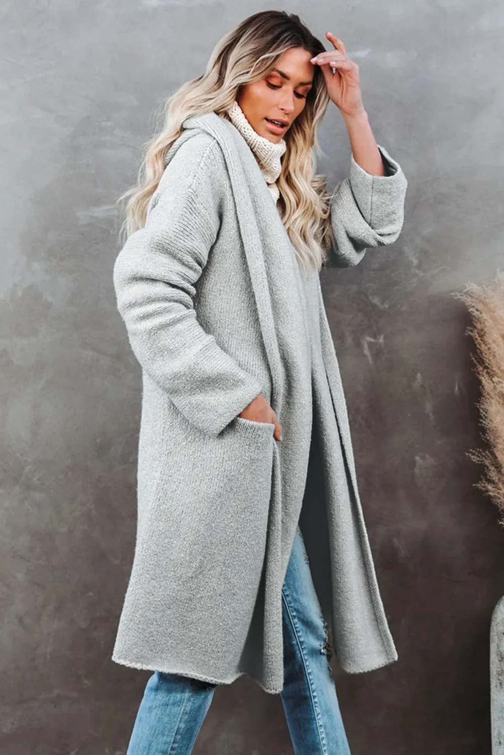 Women Gray Open Front Long Hooded Cardigan with Pockets