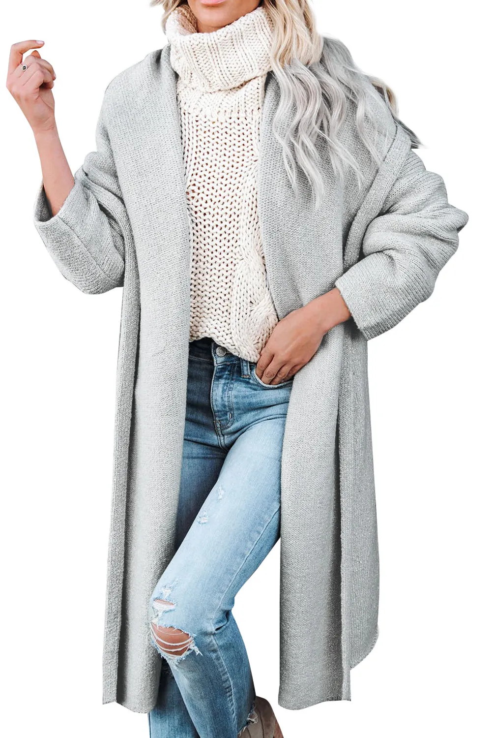 Women Gray Open Front Long Hooded Cardigan with Pockets