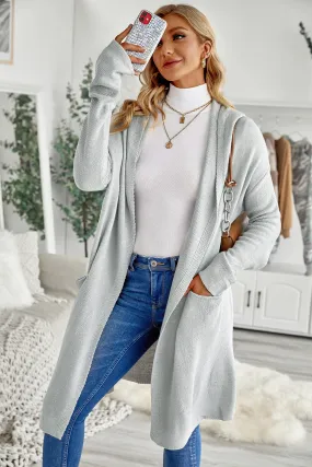 Women Gray Open Front Long Hooded Cardigan with Pockets