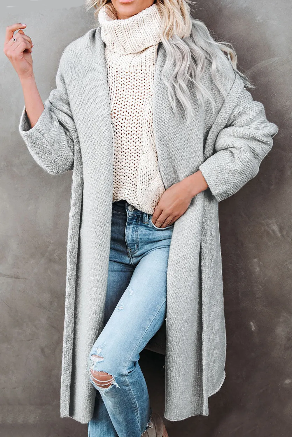 Women Gray Open Front Long Hooded Cardigan with Pockets