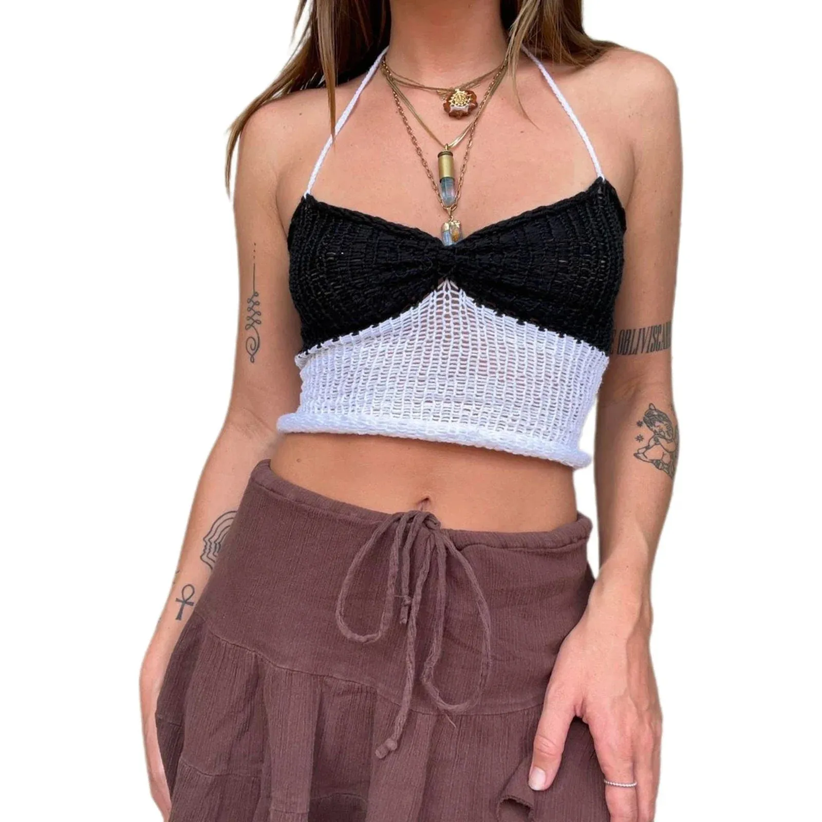 Women Knitted Crop Top Halter Neck Sleeveless Backless Hollow Out Slim Contrast Color Tank Y2k Top