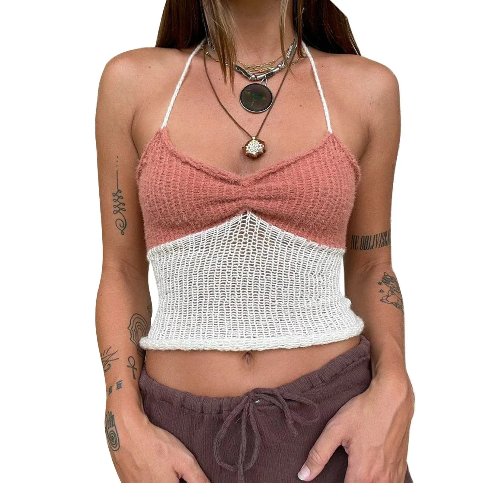 Women Knitted Crop Top Halter Neck Sleeveless Backless Hollow Out Slim Contrast Color Tank Y2k Top