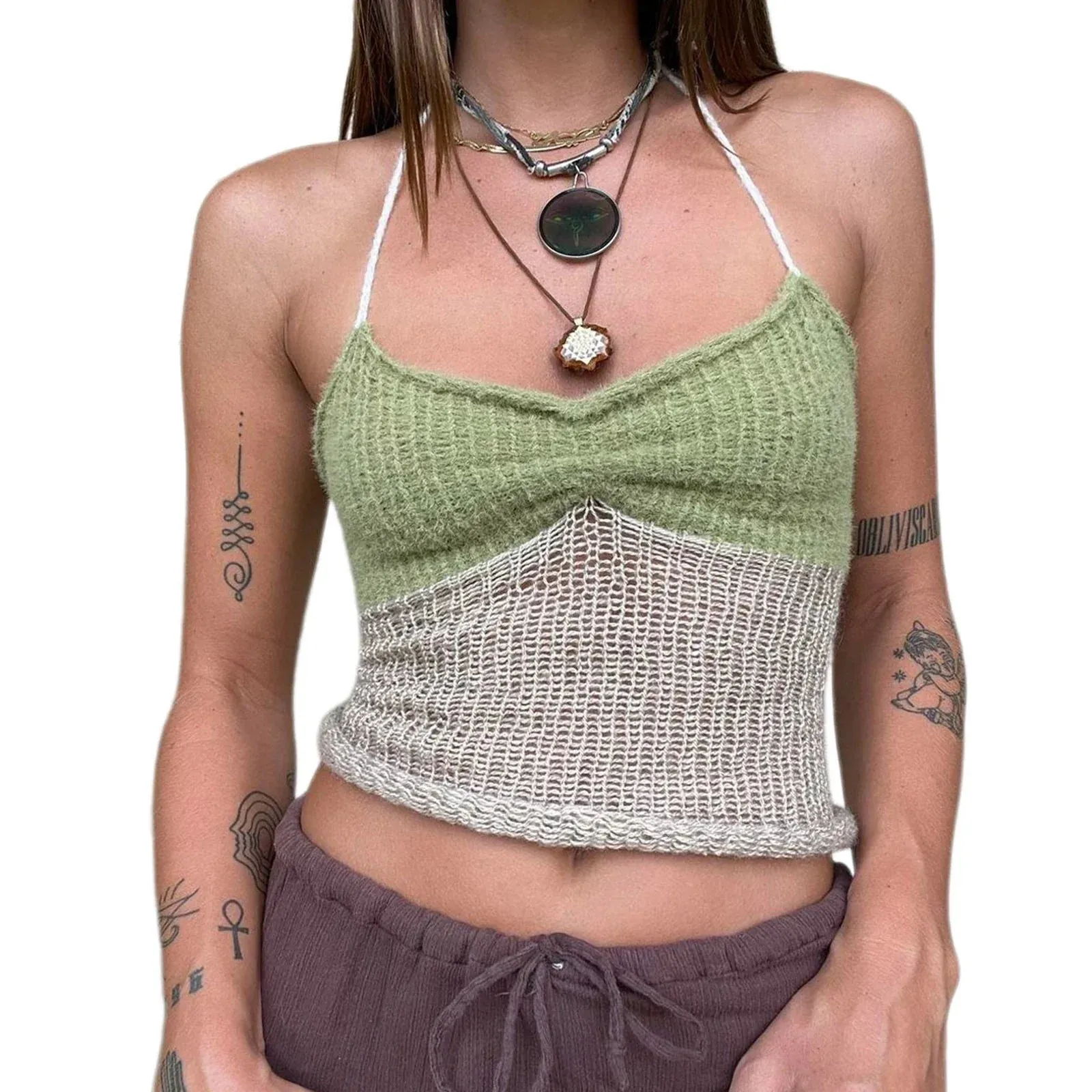 Women Knitted Crop Top Halter Neck Sleeveless Backless Hollow Out Slim Contrast Color Tank Y2k Top