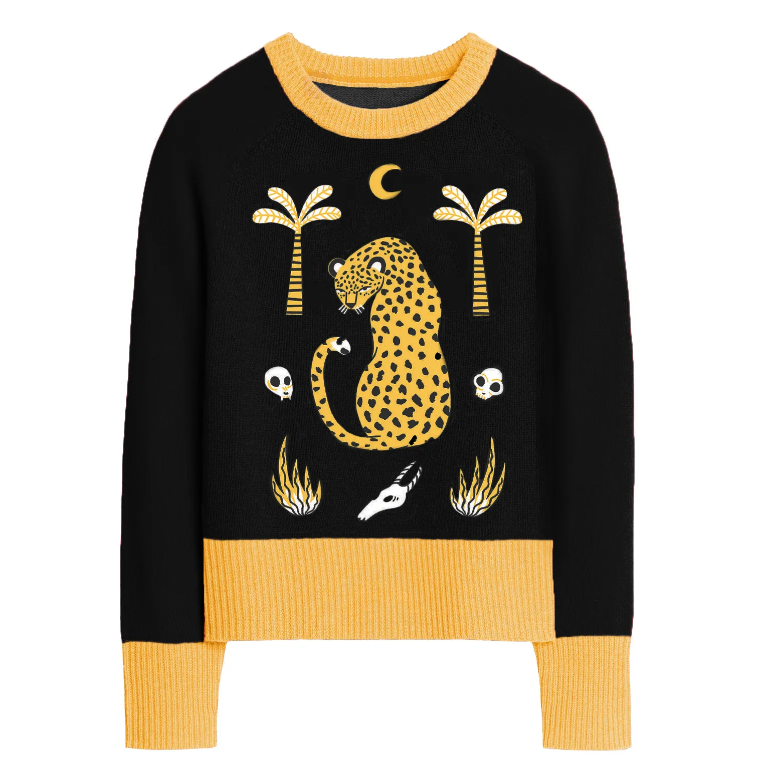 Women's black leopard jacquard vintage sweater