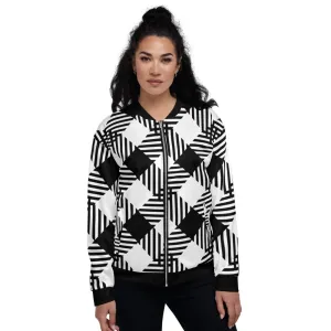 Womens Jacket - Black and White Grid Style Bomber Jacket