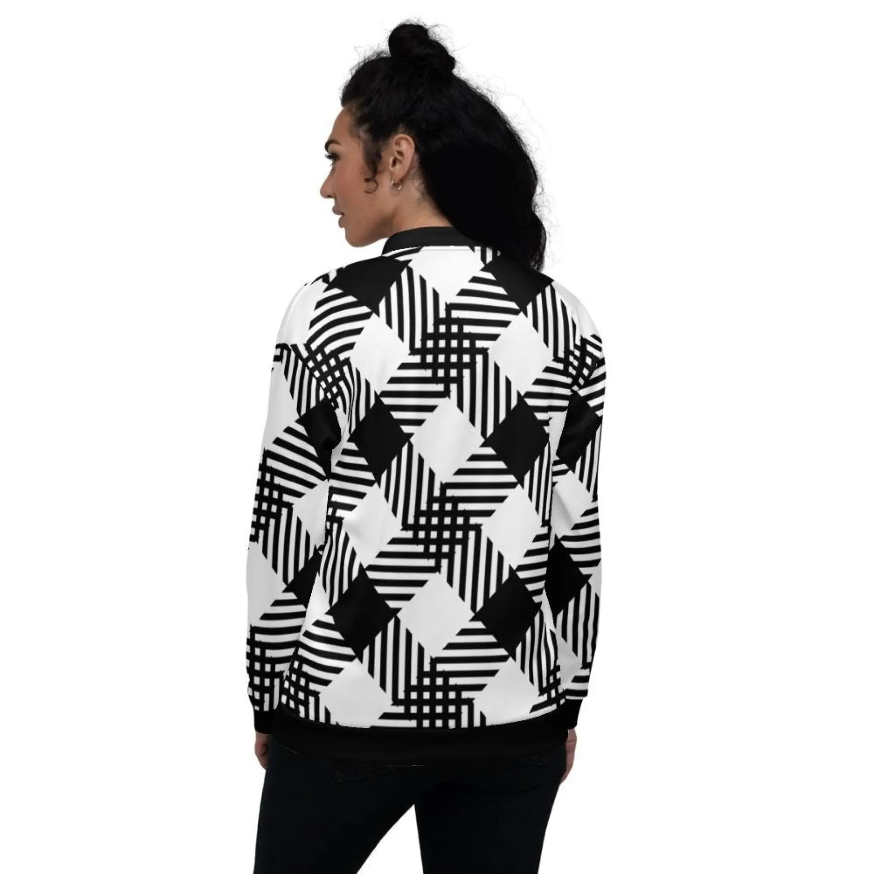 Womens Jacket - Black and White Grid Style Bomber Jacket