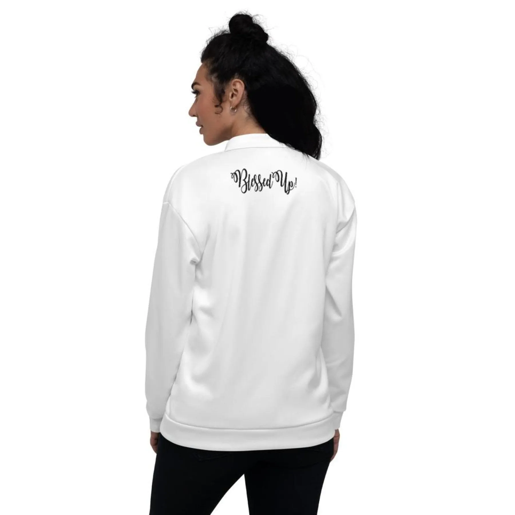 Womens Jacket - Blessed Up Graphic Text Bomber Jacket