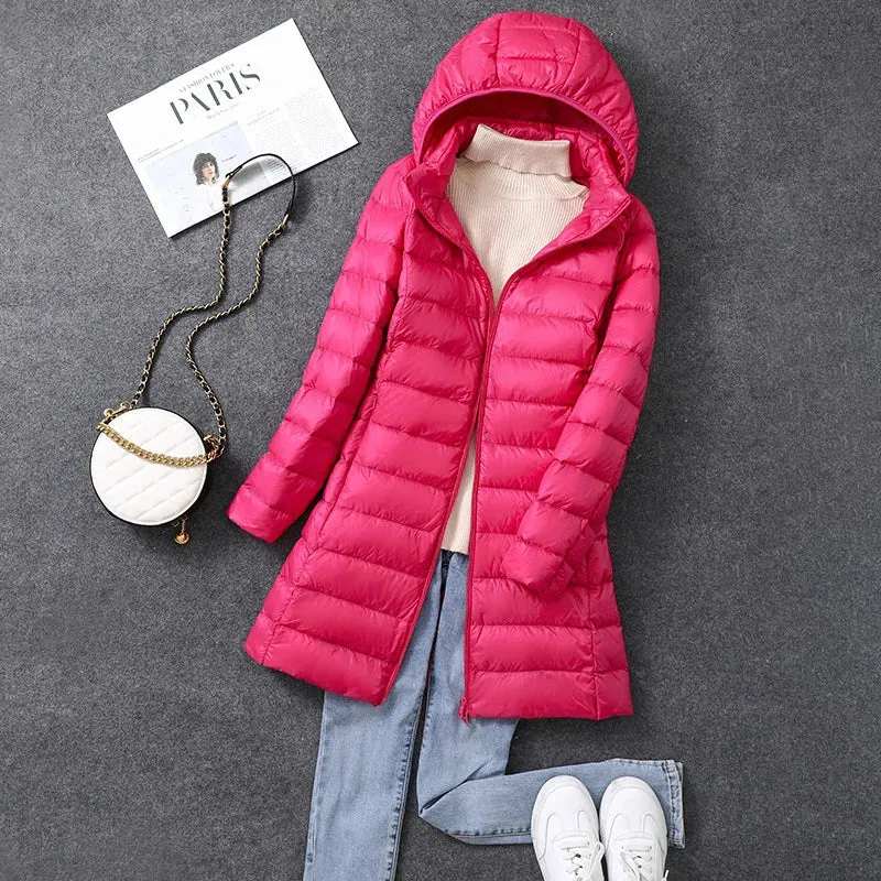 Women's X-long Office Lady Hat Detachable Puffer Jackets 2023 New Arrival Autumn Winter White Duck Down Warm Coat