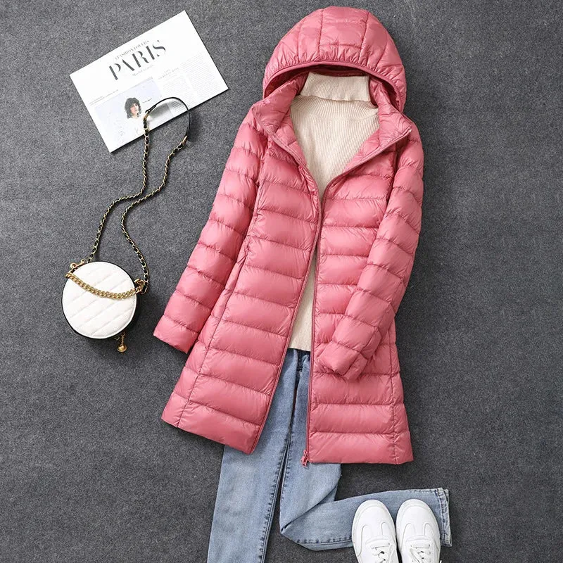 Women's X-long Office Lady Hat Detachable Puffer Jackets 2023 New Arrival Autumn Winter White Duck Down Warm Coat