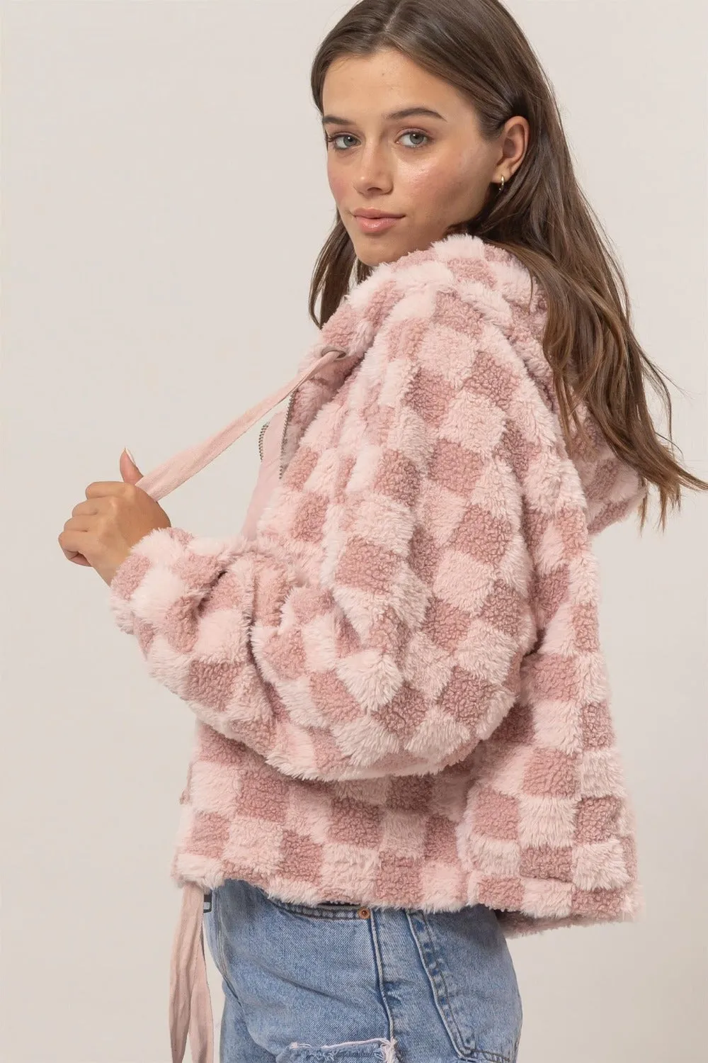 Zip Up Sherpa Checkered Hooded Jacket